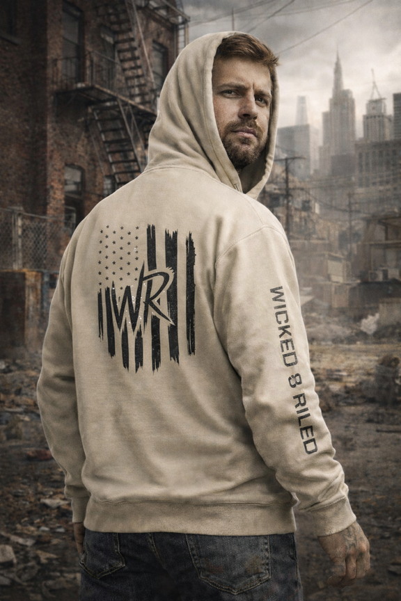 Distressed American logo pullover hoodie by Printify in a relaxed fit, showcasing a vintage-inspired design.