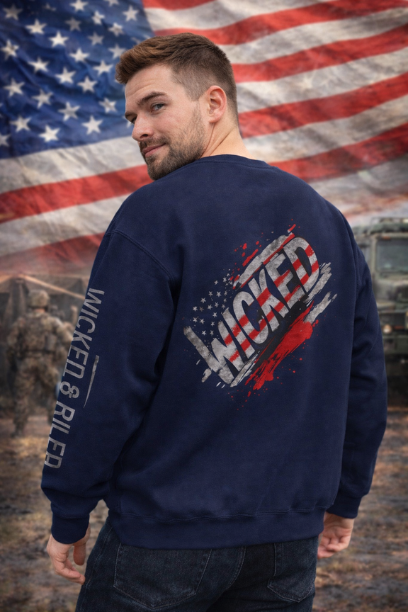 Wicked Americana crewneck sweatshirt featuring a bold Wicked Flag design on a comfortable fabric background.