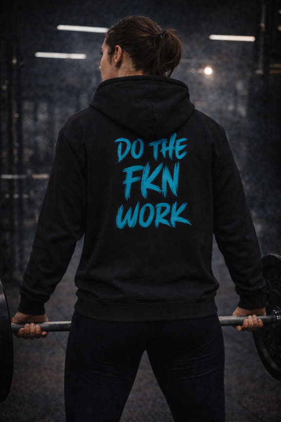 Do The FKN Work streetwear pullover hoodie with bold sleeve text and kangaroo pocket