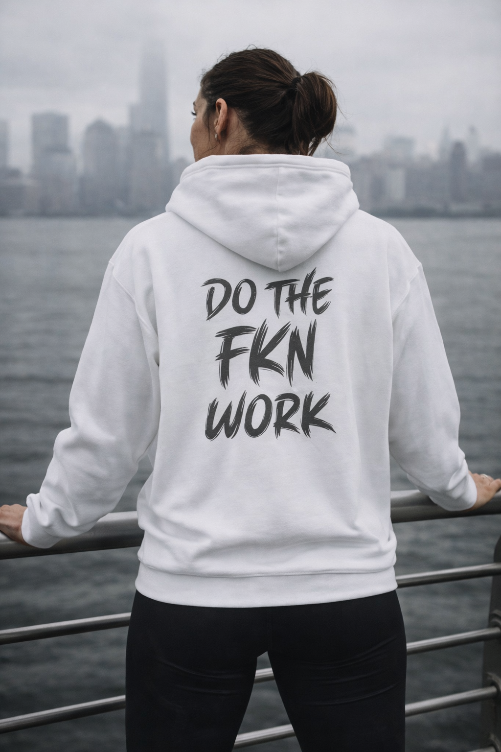 Do The FKN Work Hoodie midweight white sweatshirt with bold spray-paint graphic and kangaroo pocket