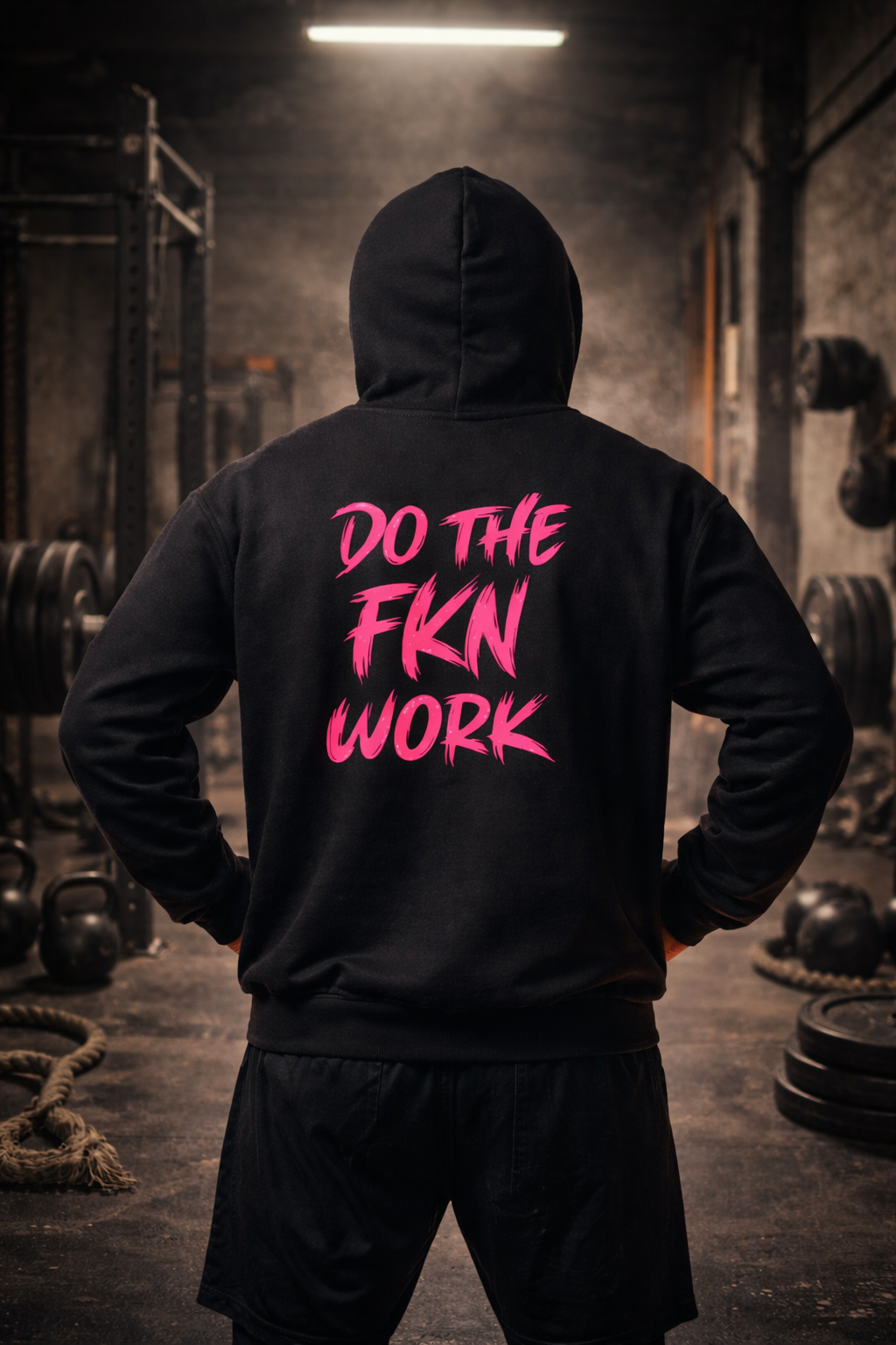 Do The FKN Work Hoodie midweight white sweatshirt with magenta lettering and double-lined hood