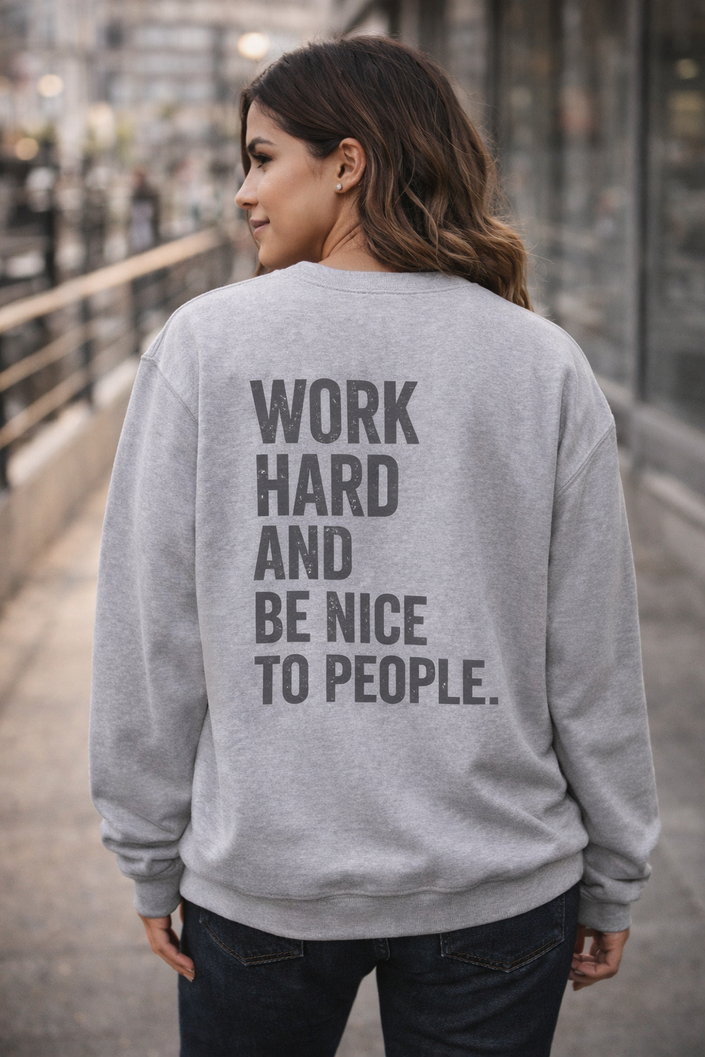 Work Hard and Be Nice to People sweatshirt with distressed flag and bold monogram, midweight cotton-poly blend, ribbed collar and cuffs, embroidered customization options.
