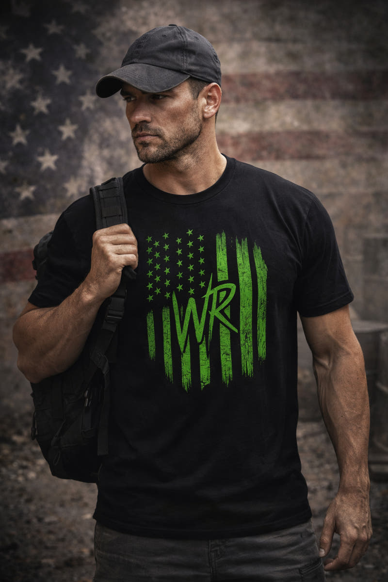 Green distressed flag tee with OG star logo and WR monogram on lightweight cotton crew neck