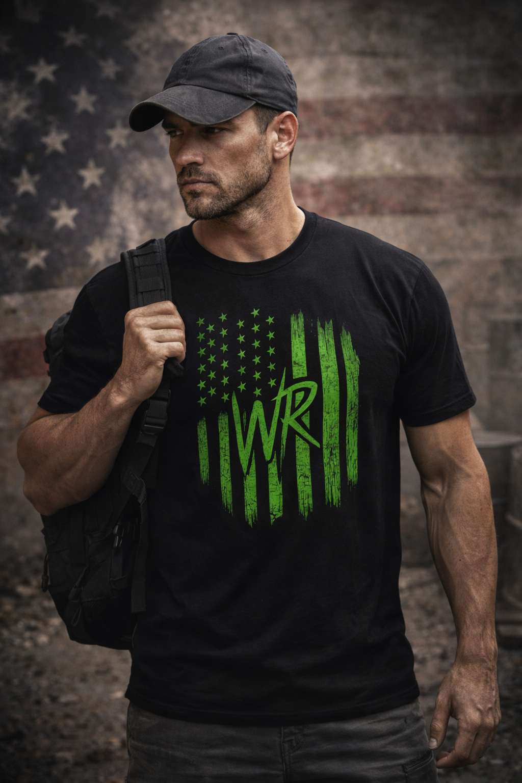 Green distressed flag tee with OG star logo and WR monogram on lightweight cotton crew neck