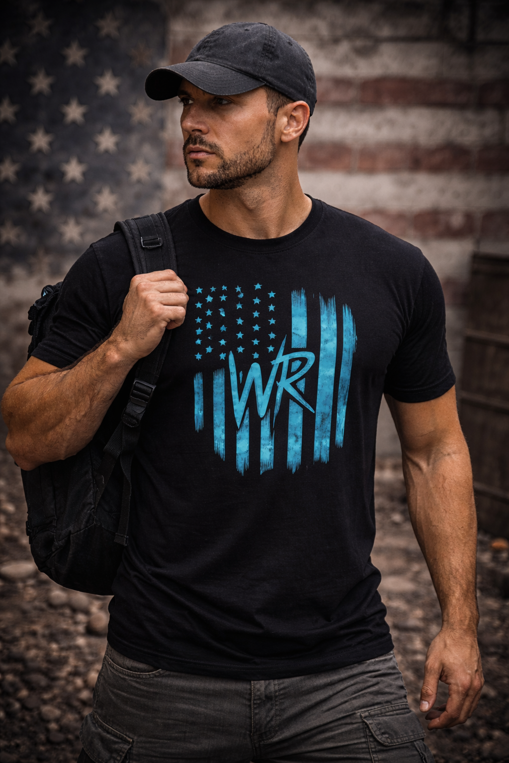 Distressed turquoise flag tee with WR monogram and painterly aqua stripes on lightweight cotton