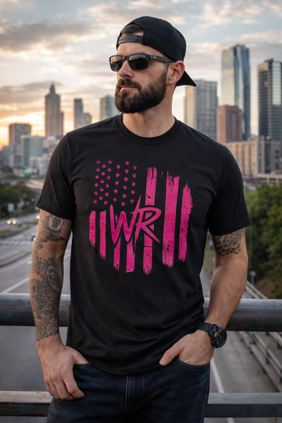 Pink Brushstroke American Flag T-Shirt with WR monogram and distressed stars and stripes design on lightweight cotton tee