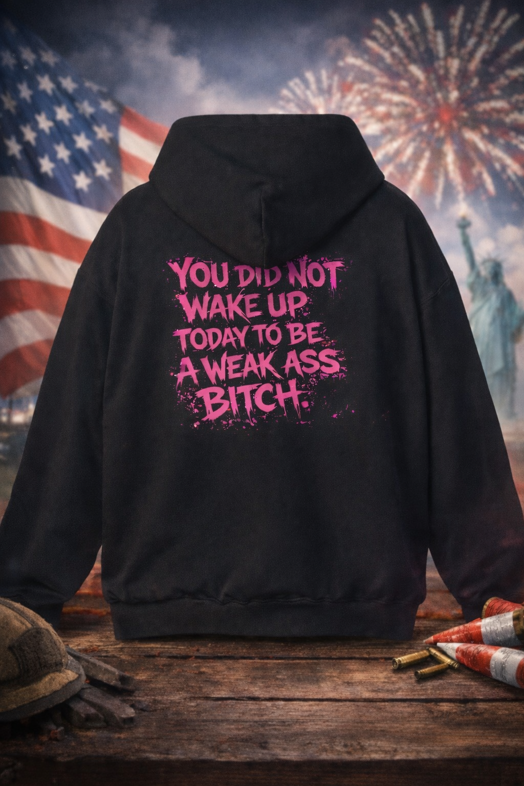 White hoodie with bold pink graffiti text "You Did Not Wake Up Today to Be a Weak Ass Bitch" motivational graphic on back