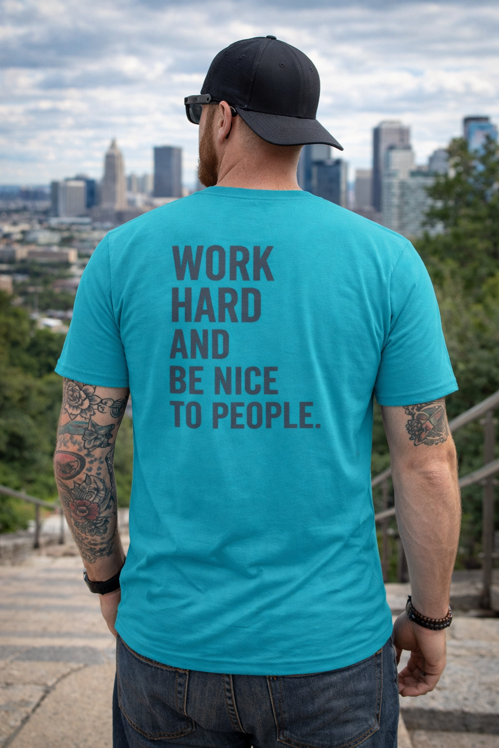 Work Hard And Be Nice To People Tee with distressed flag and bold lettering on soft lightweight fabric