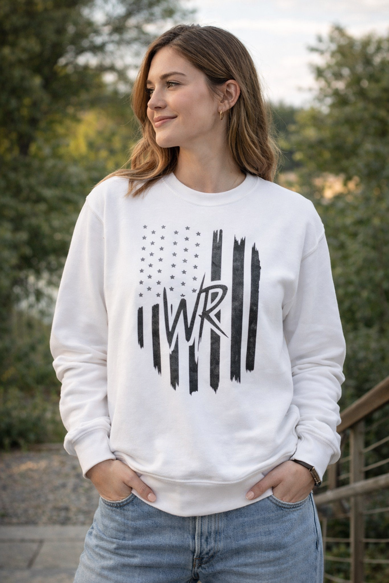 Distressed American flag crewneck sweatshirt with WR monogram, showcasing a patriotic pullover design by Printify.
