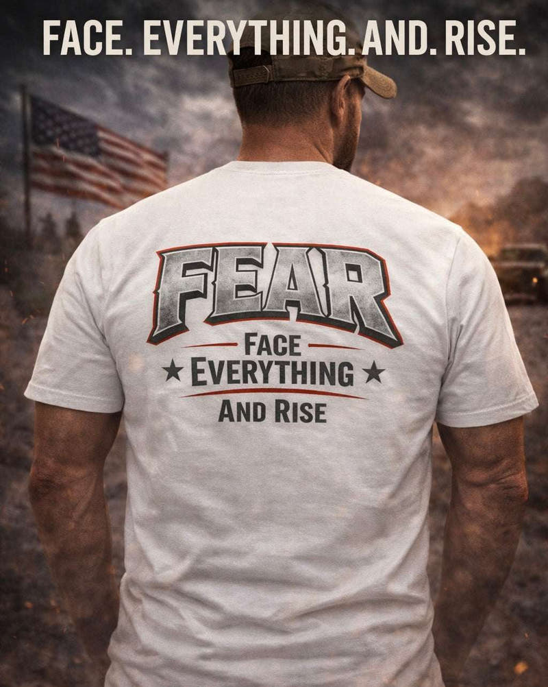 White FEAR Face Everything And Rise crew tee from Printify displayed on a flat surface.