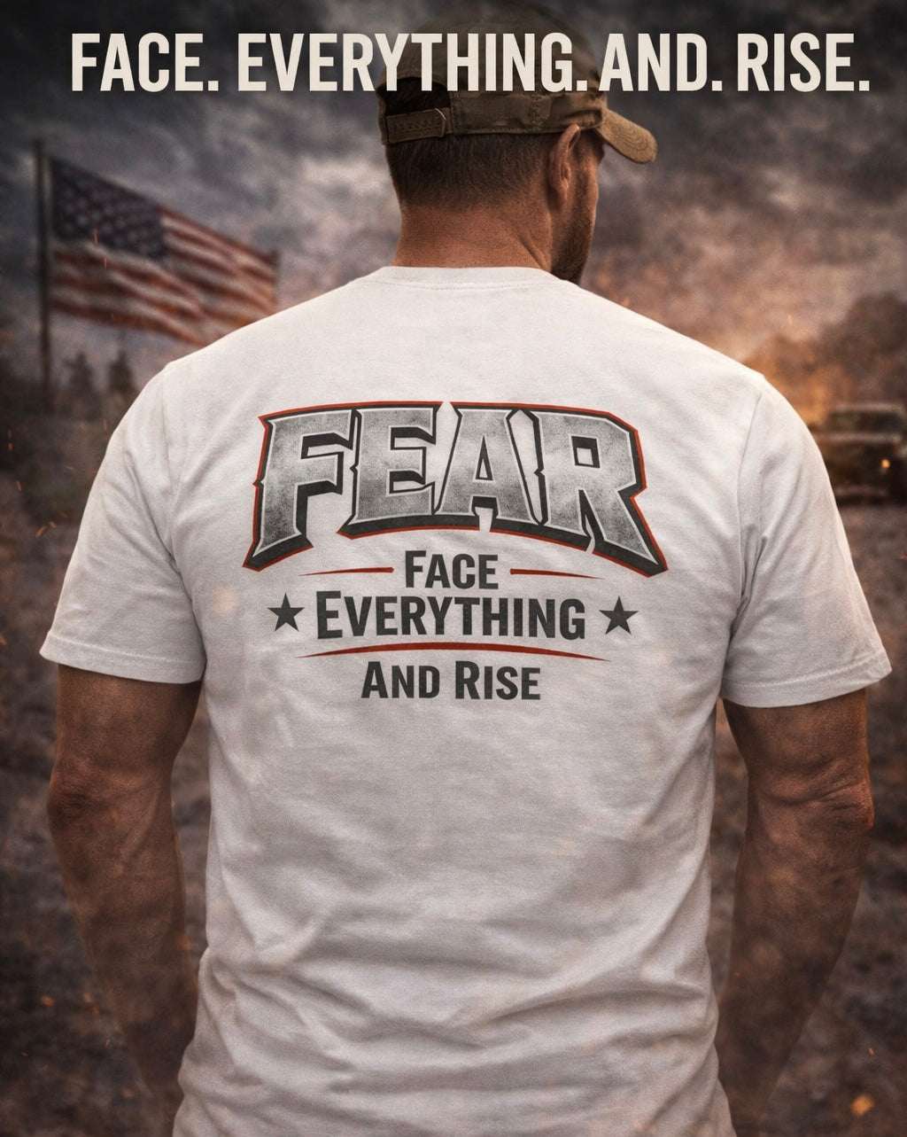 White FEAR Face Everything And Rise crew tee from Printify displayed on a flat surface.