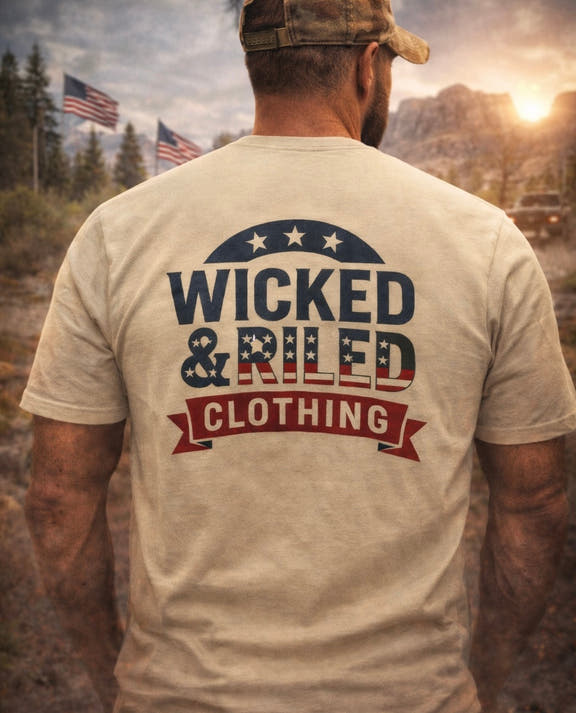 Wicked & Riled Clothing lightweight cotton crewneck with vintage patriotic logo and subtle front pocket print