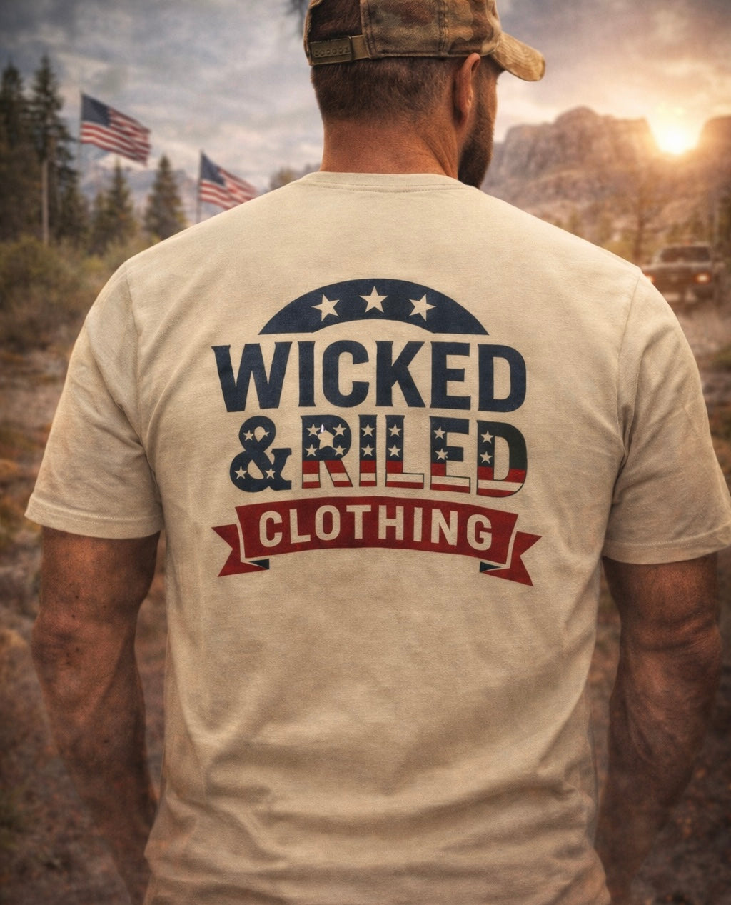 Wicked & Riled Clothing lightweight cotton crewneck with vintage patriotic logo and subtle front pocket print