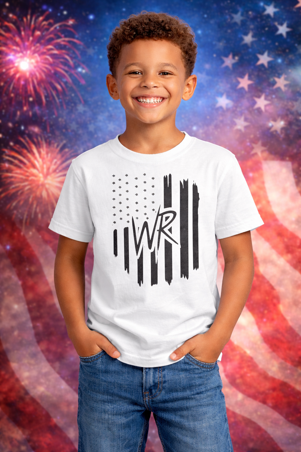 Youth tee with distressed American flag and WR monogram in soft lightweight cotton