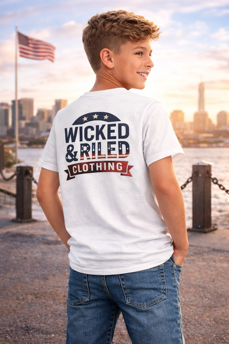 Youth Tee with patriotic Wicked & Riled Clothing graphic on soft, breathable cotton