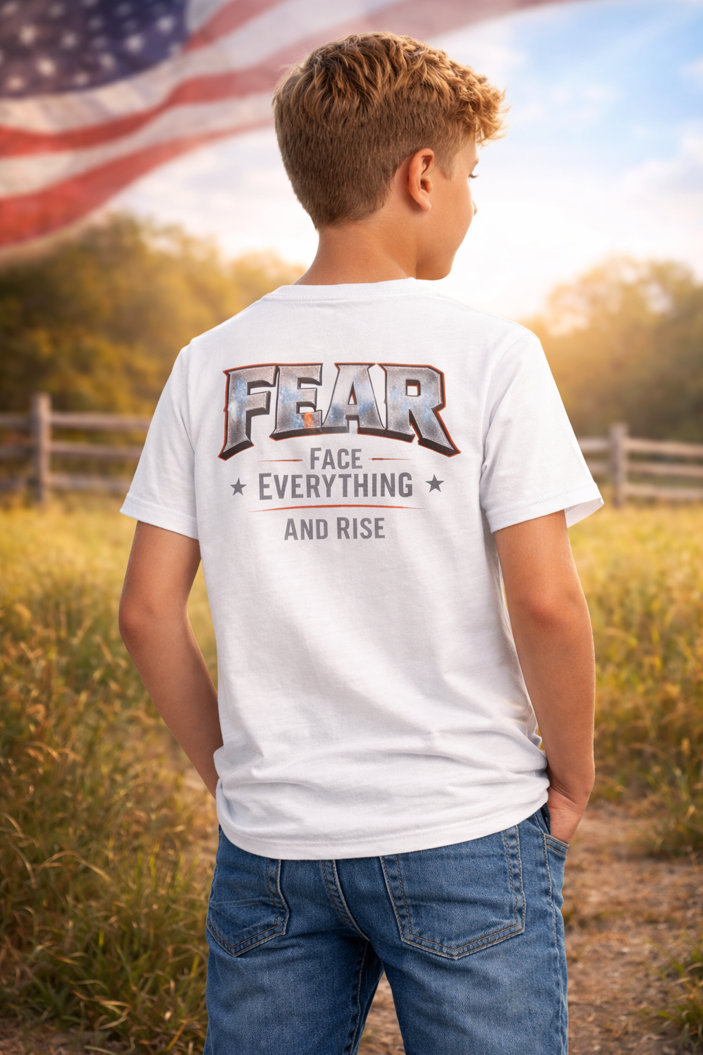 Youth tee with FEAR motivational graphic in distressed typography on soft, lightweight cotton