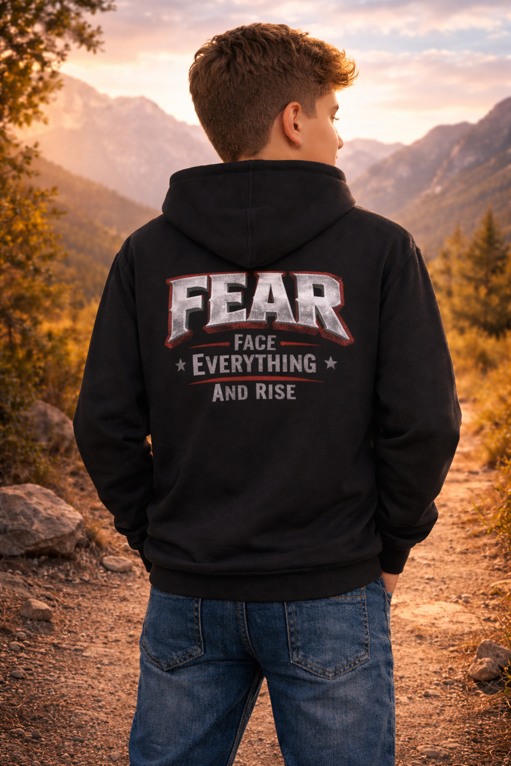 Youth hoodie with distressed American flag front and "Fear Face Everything And Rise" motivational back design