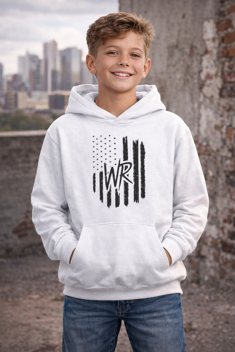 Youth hoodie with distressed American flag and WR initials on chest