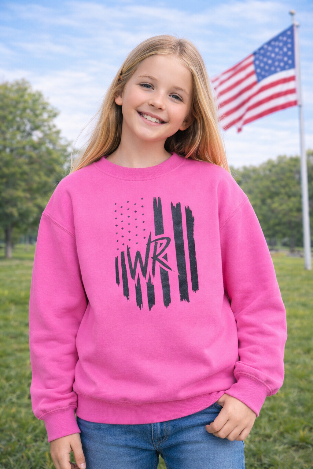 Youth crewneck sweatshirt with distressed American flag and WR logo for kids