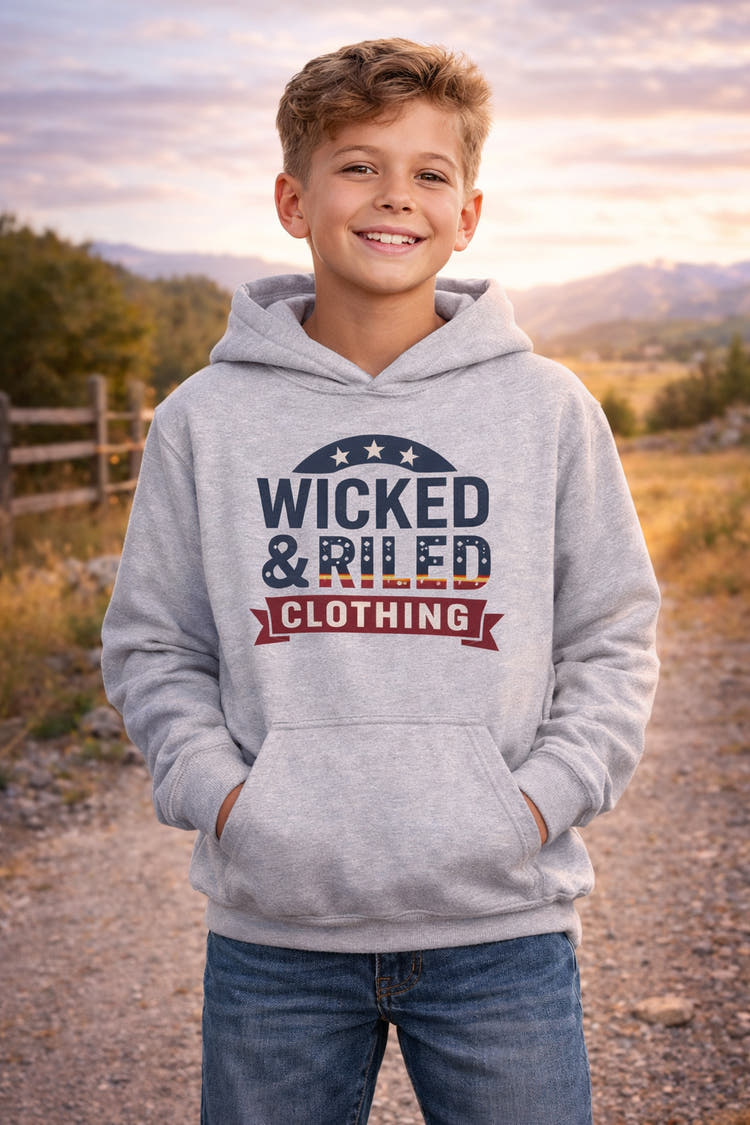 Wicked & Riled Youth Hoodie with patriotic vintage logo and kangaroo pocket in midweight fabric