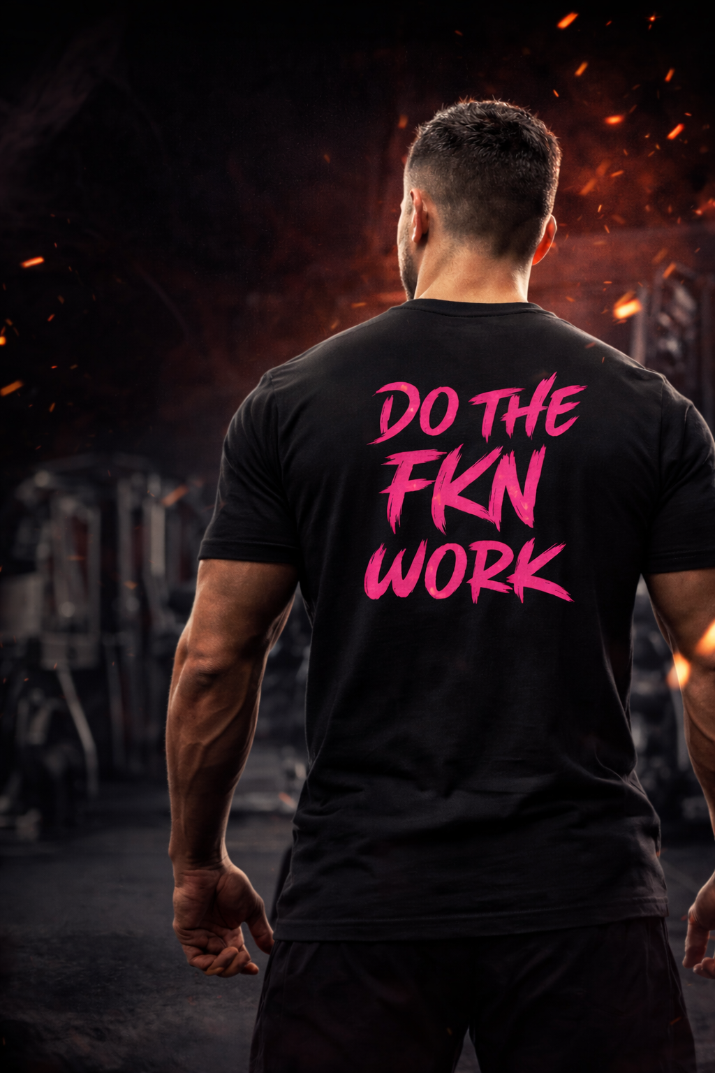 Pink distressed flag Do The FKN Work graphic tee with brushstroke design and bold script back print