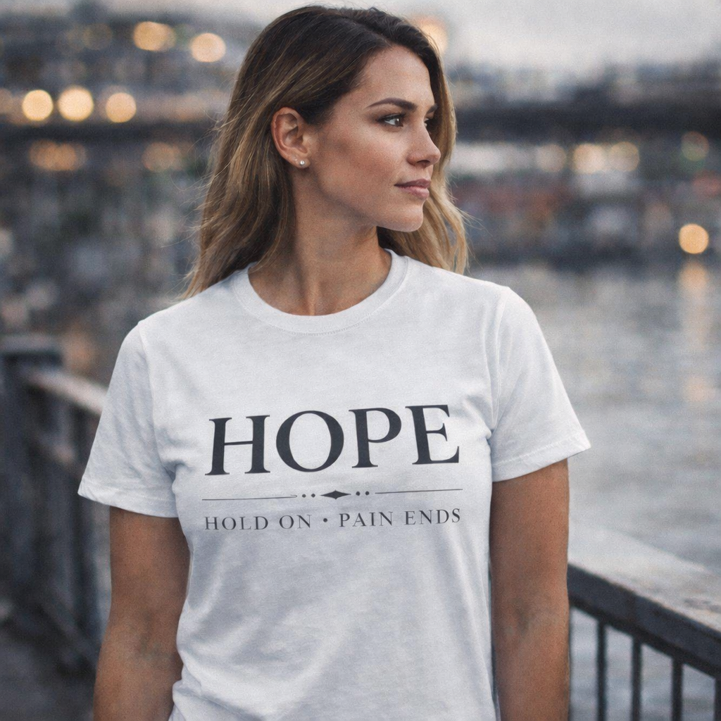 HOPE 'Hold On Pain Ends' T-Shirt white crew neck with serif text and subtle sleeve detail