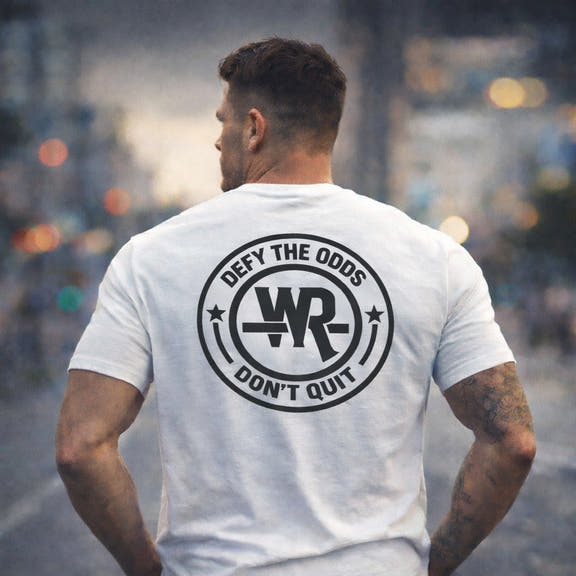 Defy The Odds lightweight crew tee with motivational "Don't Quit" print and ribbed collar