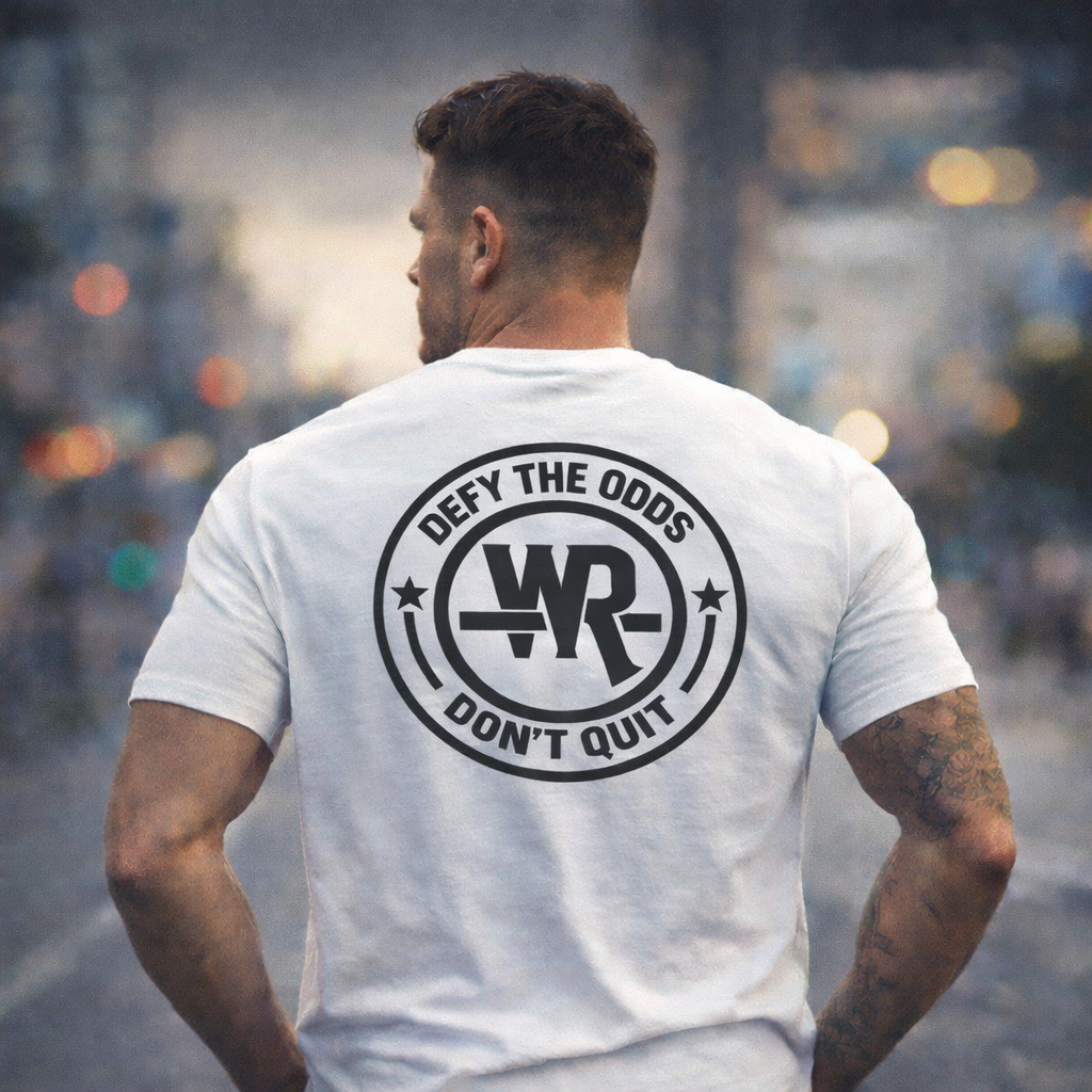 Defy The Odds lightweight crew tee with motivational "Don't Quit" print and ribbed collar