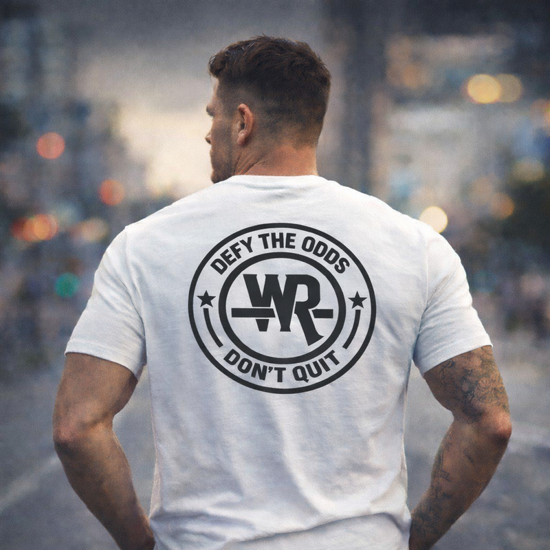 Defy The Odds lightweight crew tee with motivational "Don't Quit" print and ribbed collar