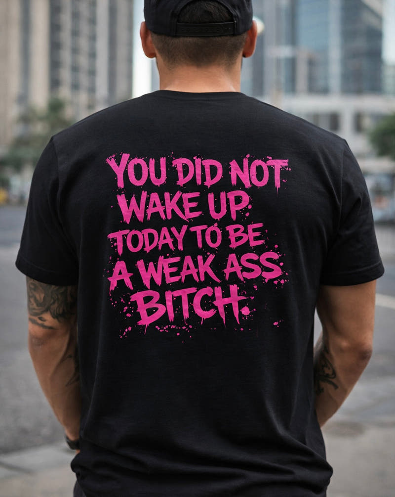 Pink ‘You Did Not Wake Up’ cotton crew tee with distressed pink flag and graffiti text design