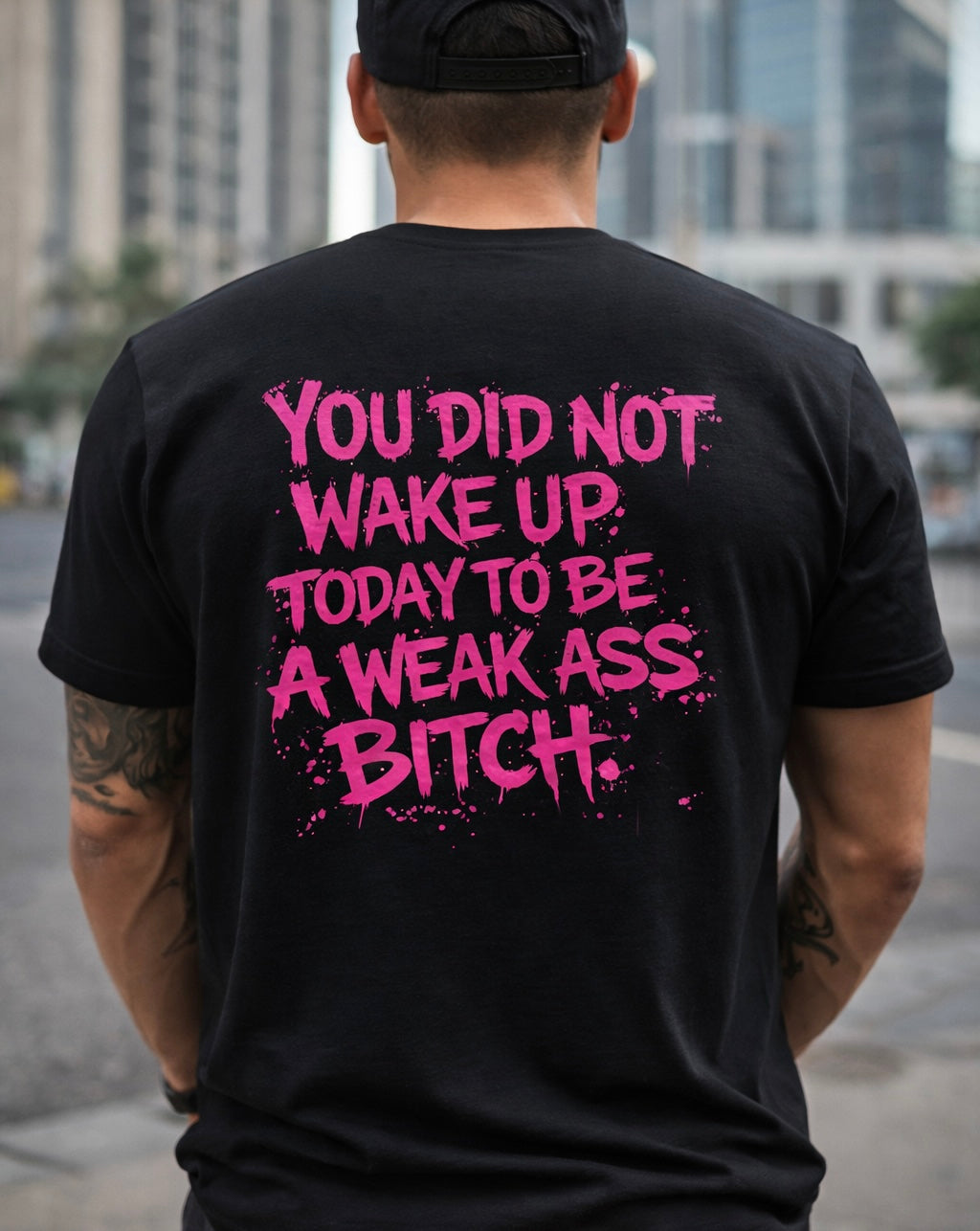 Pink ‘You Did Not Wake Up’ cotton crew tee with distressed pink flag and graffiti text design