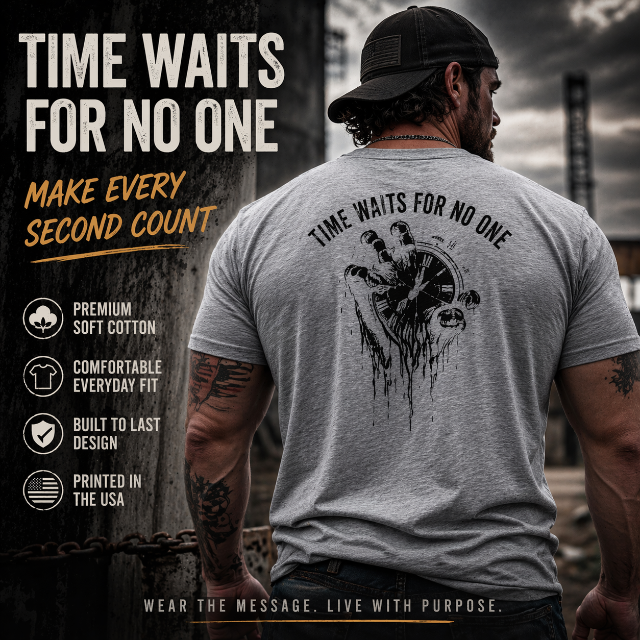 Time Waits For No One Tee — Skull & Clock Graphic Cotton T‑Shirt