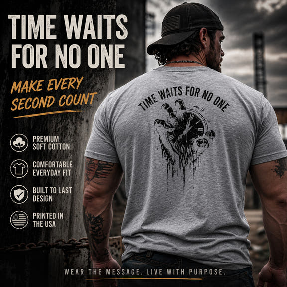Time Waits For No One Tee — Skull & Clock Graphic Cotton T‑Shirt