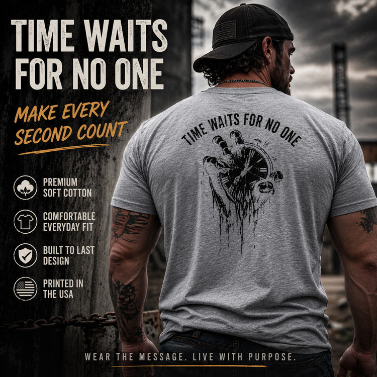 Time Waits For No One Tee — Skull & Clock Graphic Cotton T‑Shirt