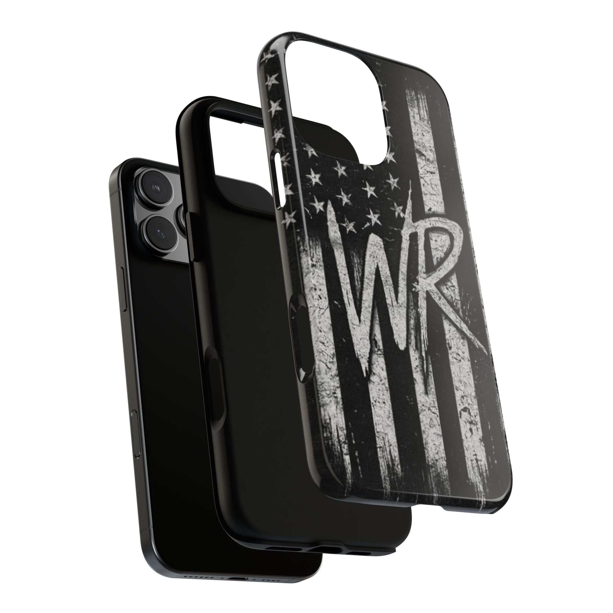Distressed American flag design on a Patriotic Monogram Tough Phone Case featuring the initials WR by Printify.