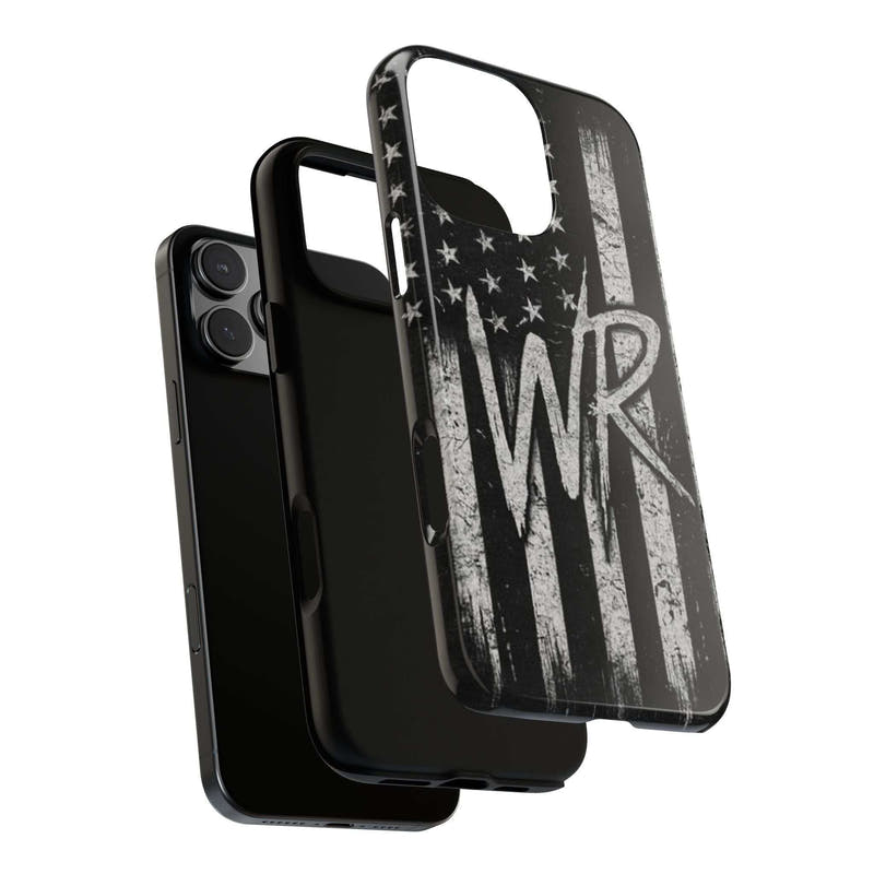 Distressed American flag design on a Patriotic Monogram Tough Phone Case featuring the initials WR by Printify.