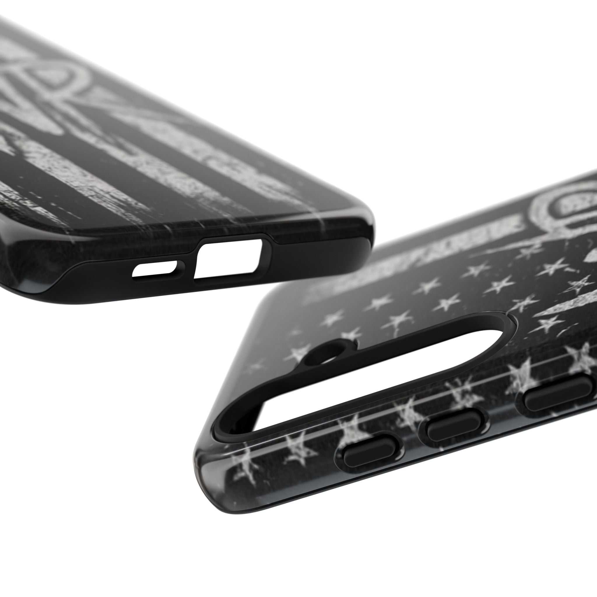 Patriotic monogram tough phone case featuring a distressed American flag design with the initials WR.