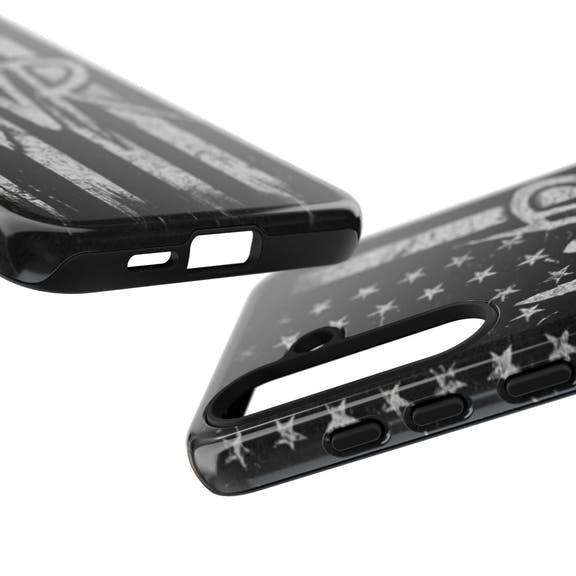 Patriotic monogram tough phone case featuring a distressed American flag design with the initials WR.
