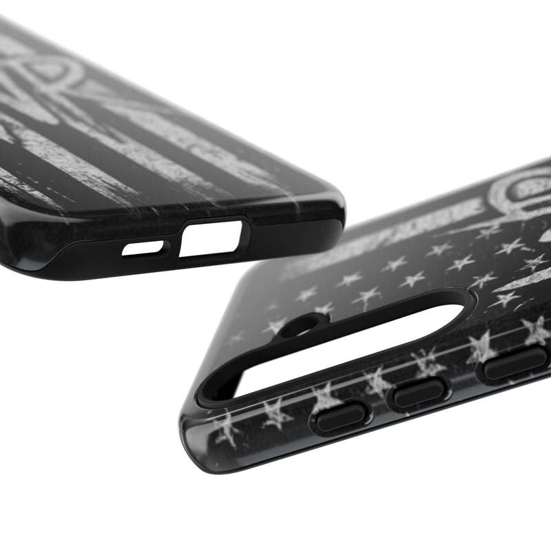Patriotic monogram tough phone case featuring a distressed American flag design with the initials WR.