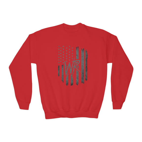 Youth Crewneck Sweatshirt Distressed American Flag with 'WR' Logo - Wicked & Riled Clothing