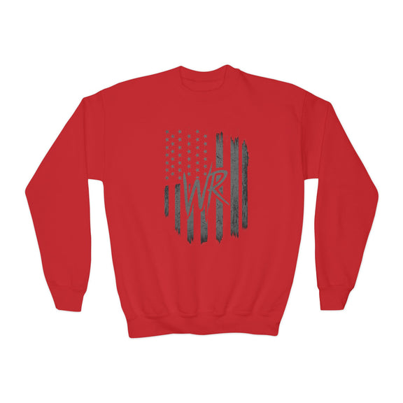 Youth Crewneck Sweatshirt Distressed American Flag with 'WR' Logo - Wicked & Riled Clothing