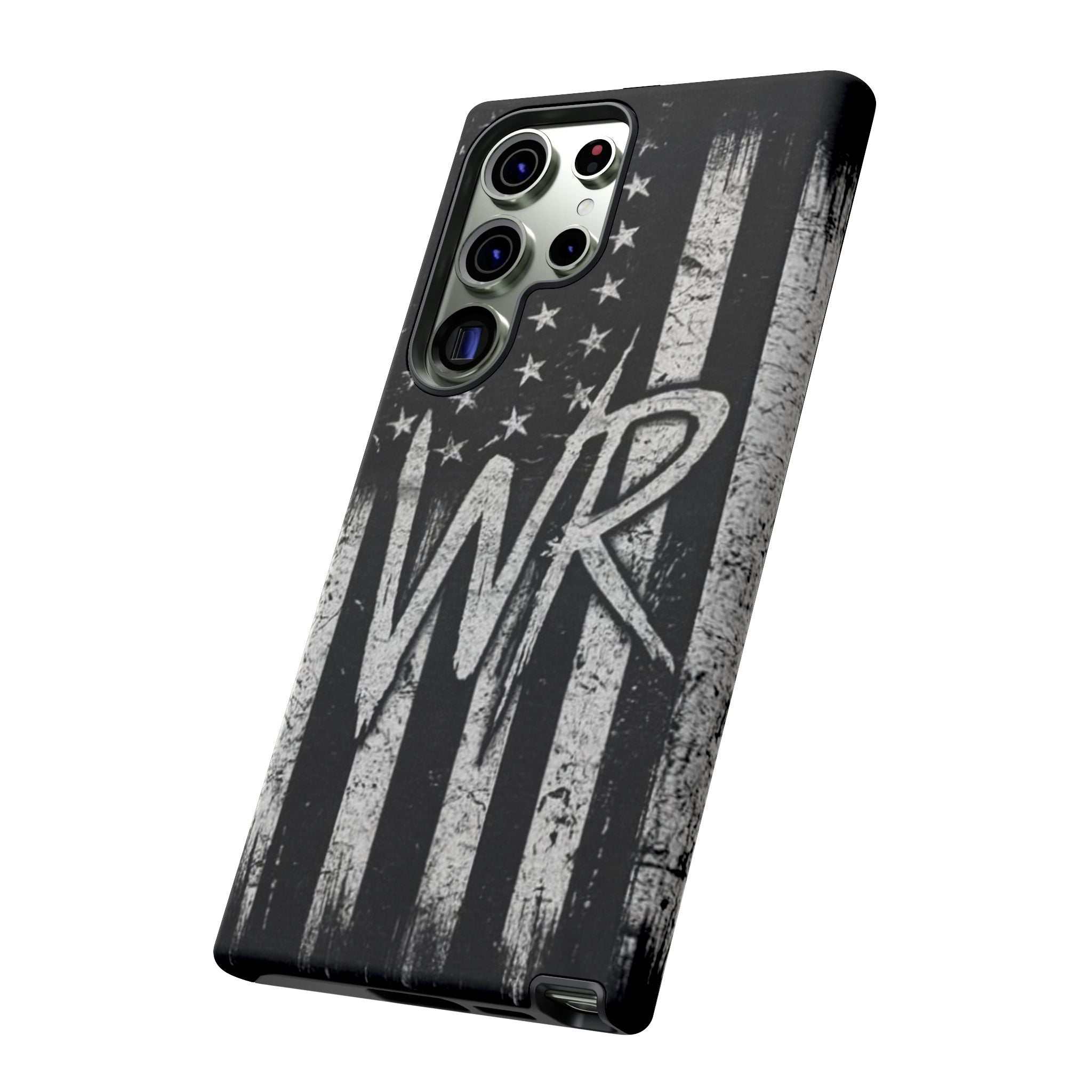 Distressed American flag design on a Patriotic Monogram Tough Phone Case featuring the letters WR by Printify.