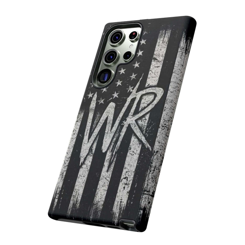 Distressed American flag design on a Patriotic Monogram Tough Phone Case featuring the letters WR by Printify.
