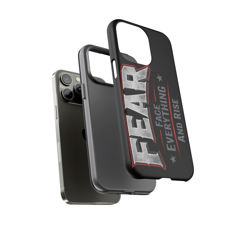 Fear Face Everything and Rise Phone Case by Printify, showcasing a bold design with motivational text on a sleek case.