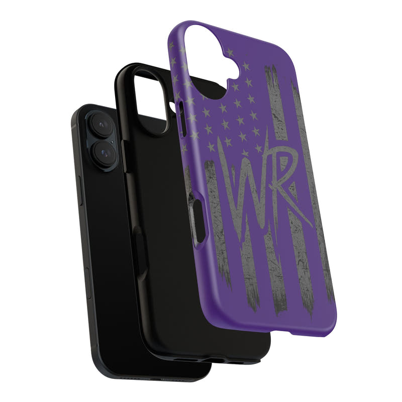 Purple 'WR' Flag Tough Phone Case by Printify featuring durable design and vibrant colors, ideal for protecting smartphones.