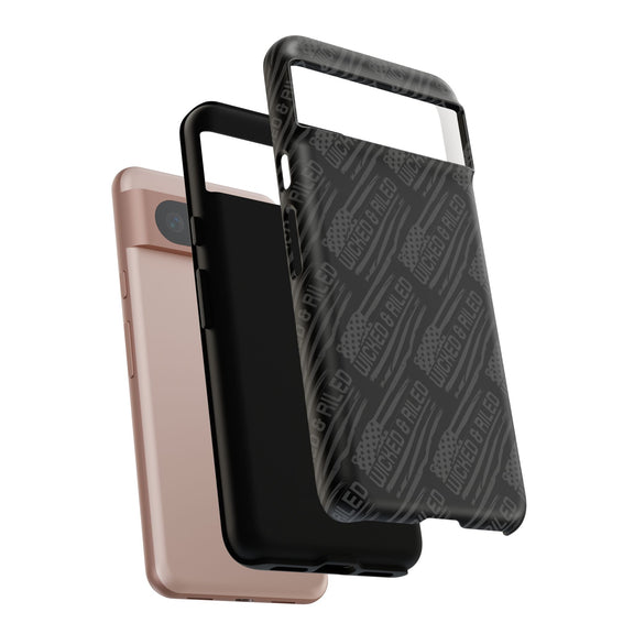 Rugged black protective phone case by Printify with a textured "TOUGH CASES" pattern on the surface.