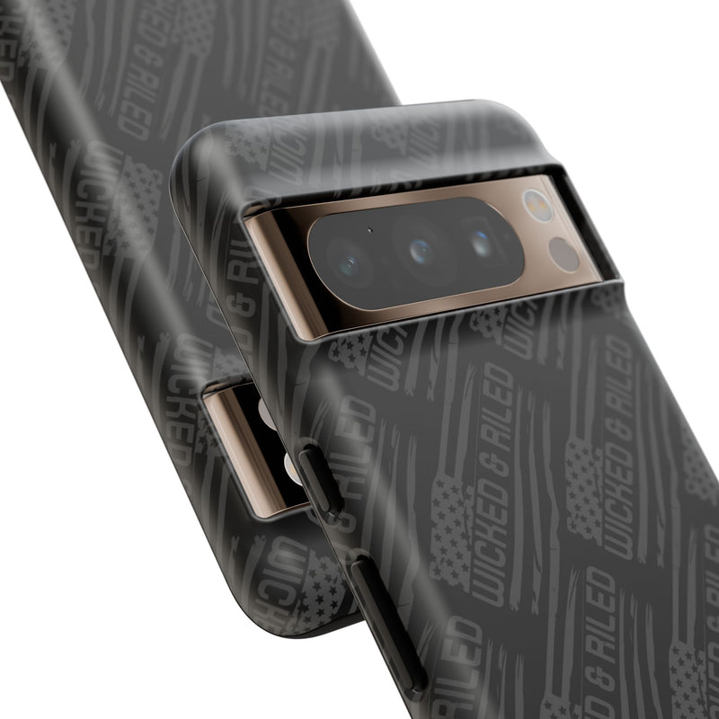 Rugged black protective phone case from Printify featuring a textured 'TOUGH CASES' pattern.