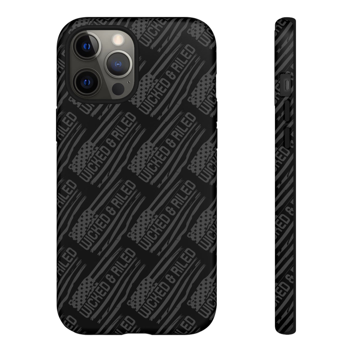 Rugged black protective phone case with "TOUGH CASES" text pattern by Printify, showcasing durability and style.