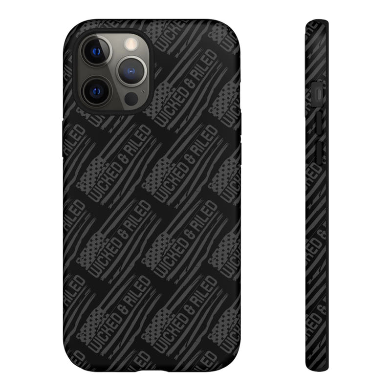 Rugged black protective phone case with "TOUGH CASES" text pattern by Printify, showcasing durability and style.