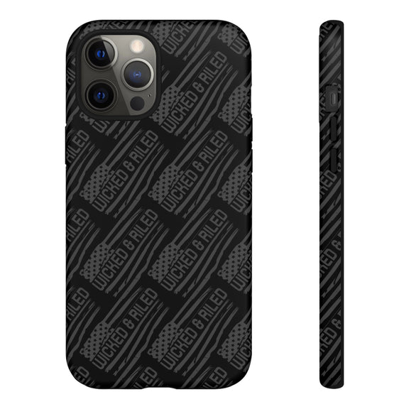 Rugged black protective phone case with "TOUGH CASES" text pattern by Printify, showcasing durability and style.